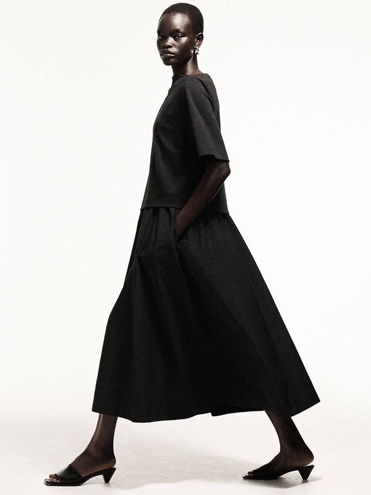 コントラストパネル ボートネック ミディ丈ワンピース